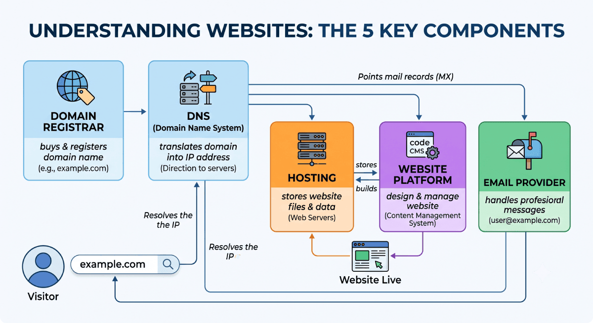 Diagram showing how a domain registrar, DNS, hosting, website and email services connect.